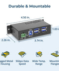 Heavy Duty Four Port USB 3.0 Hub Drives Serious 5Gbps Speeds, rugged metal casing, dimensions 4.50x2.26x1.03 inches, mountable.