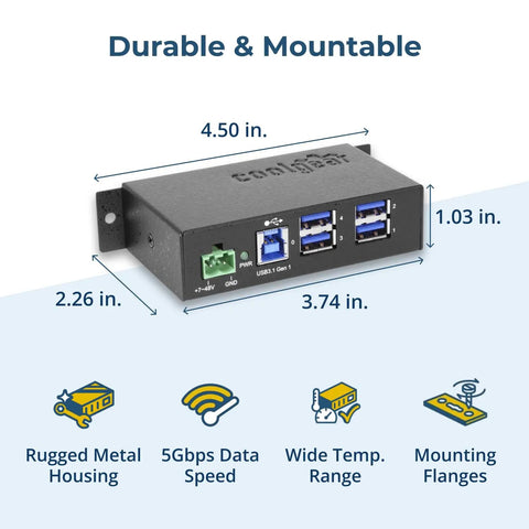 Heavy Duty Four Port USB 3.0 Hub Drives Serious 5Gbps Speeds, rugged metal casing, dimensions 4.50x2.26x1.03 inches, mountable.