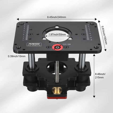 Precision Router Table Lift System With Heavy Aircraft Grade Aluminum Rock Solid Stability For 69 Millimeter Motors, top view with measurements