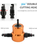 360 Degree Double Headed Sheet Metal Nibbler Drill Attachment with Extra Punch and Die and Step Drill Bit shown in detail