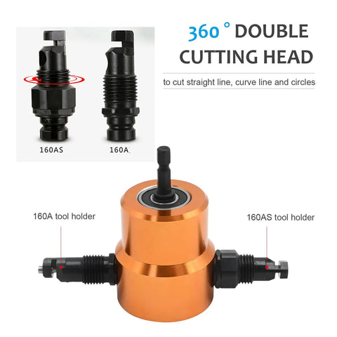 360 Degree Double Headed Sheet Metal Nibbler Drill Attachment with Extra Punch and Die and Step Drill Bit shown in detail