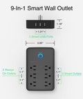 Diagram of No Fuss Smart Power Strip With USB Surge Protection showing dimensions, 3 smart outlets, and 3 USB ports.