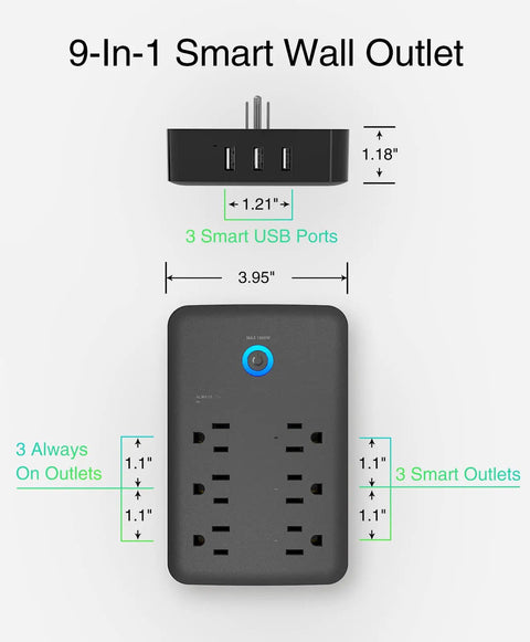 Diagram of No Fuss Smart Power Strip With USB Surge Protection showing dimensions, 3 smart outlets, and 3 USB ports.
