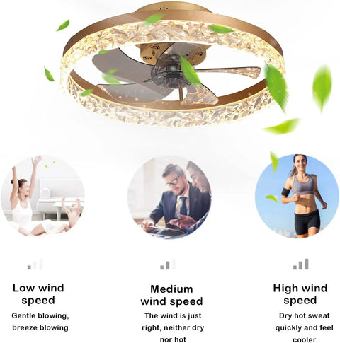 19.7 Inch Bladeless Ceiling Fan With Lights And Remote Dope Modern Enclosed Low Profile Design For Living Room Or Bedroom Crystal Edge Finish Quiet Energy Efficient Breeze showing fan with crystal edge and wind speed options.