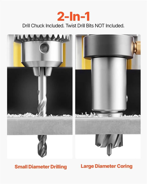 Heavy Duty Portable Magnetic Drill Press For Metal showing small diameter drill bit and large diameter coring in action.