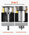 Close-up of 1450W Portable Electric Magnetic Drill Press with drill chuck for small diameter drilling and large diameter coring.