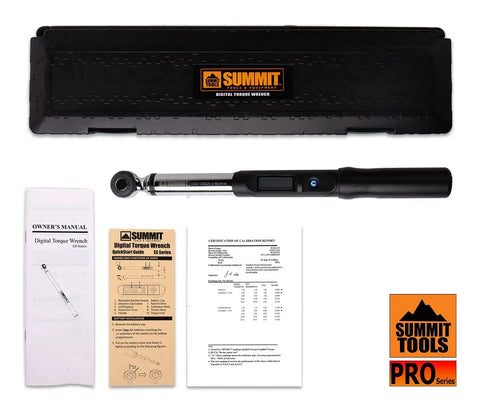 3/8 Inch Digital Torque Wrench With LCD Display And Peak Torque Readout Calibrated To Tight Specs Be A Beast On The Job 5 To 99.5 Ft-Lbs 6.8-135 Nm Range 3/8 Drive Durable Blue ES3-135CN shown with case and manuals