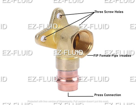 Lead Free One Half Inch FIP To ProPress Drop Ear 90 Degree Elbow Copper Fitting with labeled threads and connections