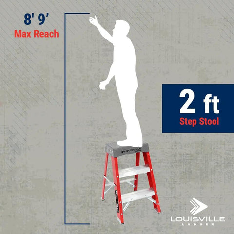 Solid As A Rock Two Step Fiberglass Work Platform Built For Rough Job Sites And Daily Grind Tasks Offering An Honest Three Hundred Pound Lift Rating And Type Ia Safety Mark That Absolutely Won Quit On You Handling Heavy Loads All Day Long, shown with max reach of 8'9'.