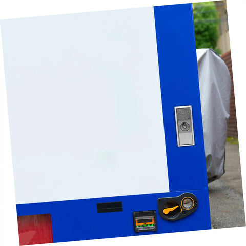 Badass Vending Machine T Handle Lock Kit With Keys High Security Snack Dispenser Access Control Smooth Install Solid Build Quality For Construction Sites And Retail Operations Keep Everything Locked Down Tight Secure, silver lock on blue vending machine front