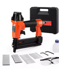 Totally Badass Pneumatic Brad Nailer And Furniture Staple Gun Built Light As A Feather With Double Safety Trigger Soft Rubber Grip Reliable Wire Tacker And Wood Frame Tool Plus 400 Staples with accessories in view.