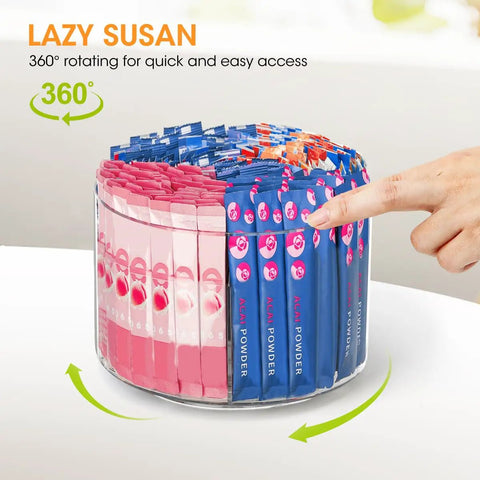 Hand rotating Drink Packet Organizer With 360 Degree Lazy Susan Turntable For Hydration Packets And Water Flavor Mixes, Acrylic Container
