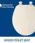 Toilet Seat With Quick Release Easy Clean Hinges For Deep Cleans, Durable Enameled Wood, Round Biscuit Color, top view.