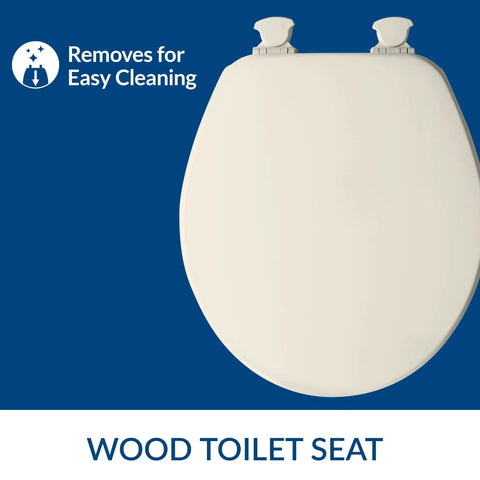 Toilet Seat With Quick Release Easy Clean Hinges For Deep Cleans, Durable Enameled Wood, Round Biscuit Color, top view.