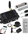 WiFi Tuya Access Control Magnetic Door Lock Kit With Remote And App Control, showing components including lock, remotes, and smartphone app.