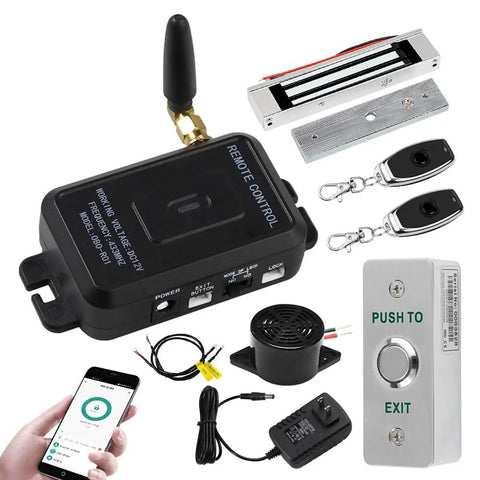 WiFi Tuya Access Control Magnetic Door Lock Kit With Remote And App Control, showing components including lock, remotes, and smartphone app.