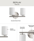 Two Light Etched White Glass Modern Bath Vanity Light In Brushed Nickel Finish, round bar and sleek circular backplate.