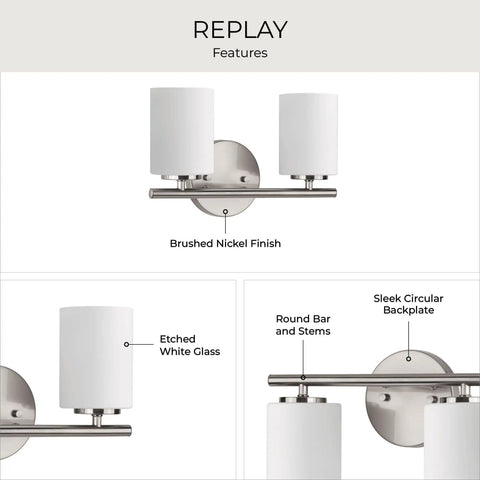 Two Light Etched White Glass Modern Bath Vanity Light In Brushed Nickel Finish, round bar and sleek circular backplate.