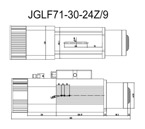 Professional Air Cooled Spindle Motor 9Kw 220V 380V With Automatic Tool Change Iso30 Collet technical drawing and dimensions.