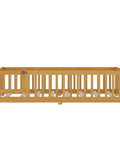 Twin Montessori Floor Bed Frame In Natural Pine With Attached Safety Fence Gate Low Profile Design side view with safety rails.