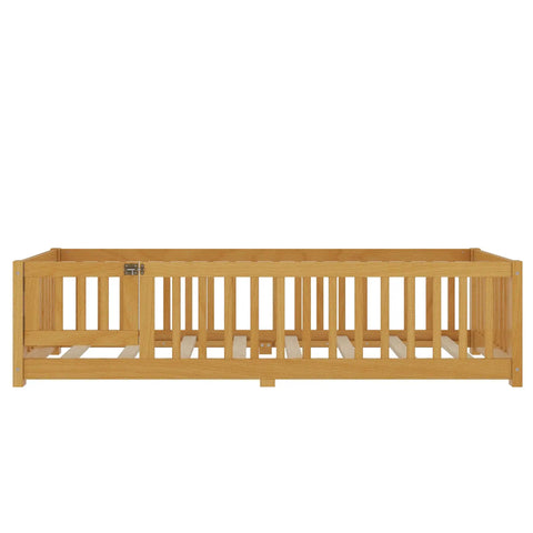 Twin Montessori Floor Bed Frame In Natural Pine With Attached Safety Fence Gate Low Profile Design side view with safety rails.