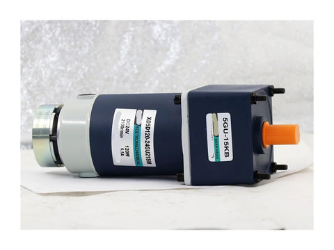 Side view of permanent magnet DC gear motor with brake, blue housing, orange shaft, 120W, 12/24V