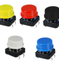 Dope 70 Piece 12x12x7.3mm Tactile Button Switch Kit With 4 Pin PCB Micro Switches And Caps, 5 color circular cap set, frontal view