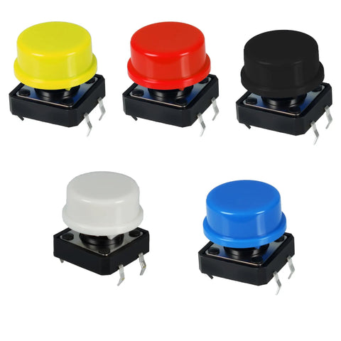 Dope 70 Piece 12x12x7.3mm Tactile Button Switch Kit With 4 Pin PCB Micro Switches And Caps, 5 color circular cap set, frontal view
