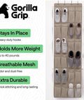 Beige over the door shoe organizer with 24 mesh pockets holding shoes, 40 lbs capacity, space saving hanging rack.