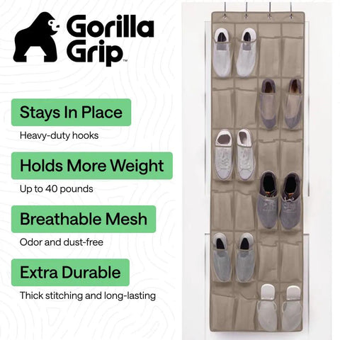 Beige over the door shoe organizer with 24 mesh pockets holding shoes, 40 lbs capacity, space saving hanging rack.