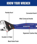 Six Inch Adjustable Wrench With Wide Jaw For Medium Bolts M6 To M16 Beefy Heavy Duty CR-V Steel Black Oxide Finish Includes Metric And SAE Scales Ideal For Home Garage DIY And Workshop Tasks, blue handle, side view