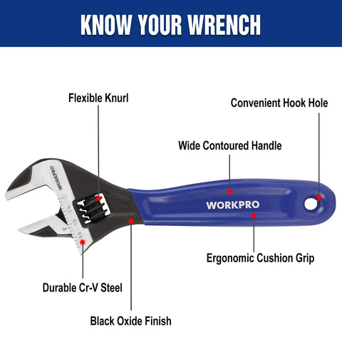 Six Inch Adjustable Wrench With Wide Jaw For Medium Bolts M6 To M16 Beefy Heavy Duty CR-V Steel Black Oxide Finish Includes Metric And SAE Scales Ideal For Home Garage DIY And Workshop Tasks, blue handle, side view
