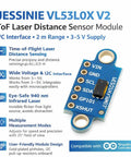 No Fuss VL53L0X V2 TOF Laser Distance Sensor Module labeled diagram showing I2C hookup and specifications.