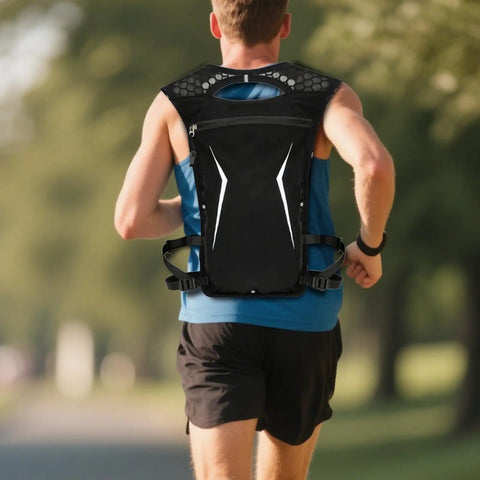 Man running with Hydration Pack For Running With Breathable Back Panel And Built In Water Reservoir Lightweight Running Vest
