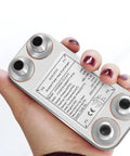 Person holding Custom Plate Heat Exchanger 2x5 Inches, 12 Plate Water To Water System with One Quarter Inch NPT Fittings