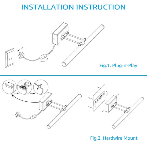 Installation instructions for Adjustable LED Picture Light For Wall Art And Frames, plug in or hardwired option shown.
