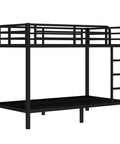 Straight Up Heavy Duty Twin XL Over Twin XL Metal Bunk Bed Built Tough With Secure Guardrails And Industrial Grade Steel For Adults Teens Or Kids Zero Creaking Black Frame Needs No Box Spring angle view with ladder and guardrails