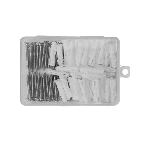 All In One Concrete Wall Anchors And Stainless Steel Screws Kit, 100 Piece, showing screws and anchors in a clear plastic box.