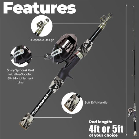 Kid Friendly Fishing Pole Rod And Reel Combo Starter Set With Tackle Box, 5ft Telescopic Rod, Pre Spooled 8lb Line, All In One Essential Fishing Kit