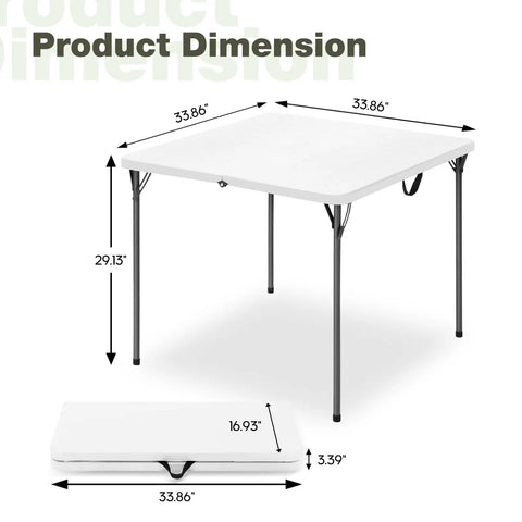 34 Inch Square Folding Table For Four With 330 Lbs Capacity Built Tough HDPE Top And Heavy Duty Steel Legs dimensions shown