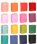 Medium Kraft Gift Bags With Handles, 16 Colorful Options, 10.6 x 8.3 x 4.3 Inches, 16-Pack Party Favor Bags displayed in various colors.