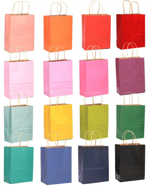 Medium Kraft Gift Bags With Handles, 16 Colorful Options, 10.6 x 8.3 x 4.3 Inches, 16-Pack Party Favor Bags displayed in various colors.