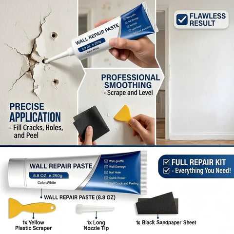 Upgraded Quick Drying Wall Mending Kit With Scraper All In One Patch Paste For Filling Holes And Cracks DIY Home Fix Includes Two 250g Mending Agent Tubes And Sandpaper For Professional Smooth Wall Repairs
