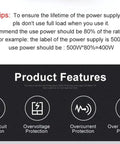 Product features for switching mode power supply 60W with UPS and charge function, including protection features and usage tips.
