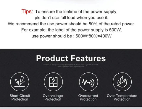 Product features for switching mode power supply 60W with UPS and charge function, including protection features and usage tips.