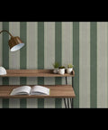 Pro Level Paste To Paper Rustic Victorian Wallpaper With Smooth Matte Linen Texture Hardcore Durable Vinyl Free Wallcovering For Fast Home Makeover And Commercial Space Setup Upgraded Residential And Business Fit on green striped wall with a wooden shelf and lamp.