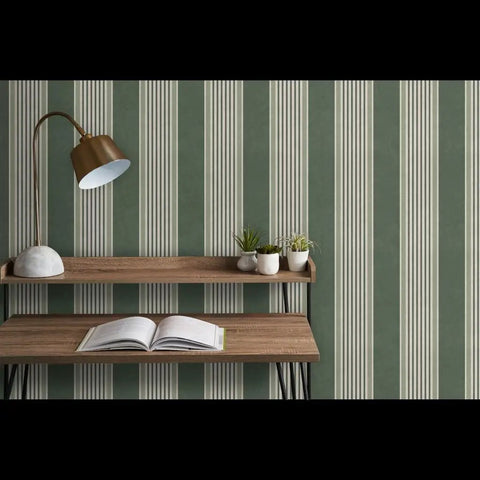 Pro Level Paste To Paper Rustic Victorian Wallpaper With Smooth Matte Linen Texture Hardcore Durable Vinyl Free Wallcovering For Fast Home Makeover And Commercial Space Setup Upgraded Residential And Business Fit on green striped wall with a wooden shelf and lamp.