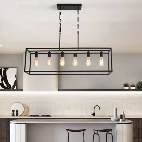 6 Light Rectangle Black Pendant Chandelier With Adjustable Stems over modern kitchen island