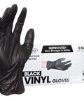 Black disposable vinyl gloves, latex-free, XL, 100-count box (front view)