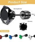 Top Tier Titanium Screw Back Stud Earrings For Women And Men Featuring Hypoallergenic Surgical Steel with 6mm cubic zirconia, black.